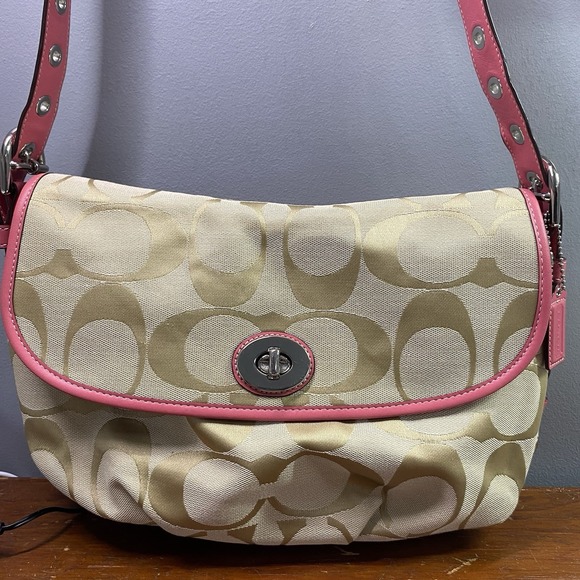 COACH Satchel Tan&Pink Crossbody Or Shoulder Bag 13x8x4" Subtle Interior Marks - Picture 3 of 16